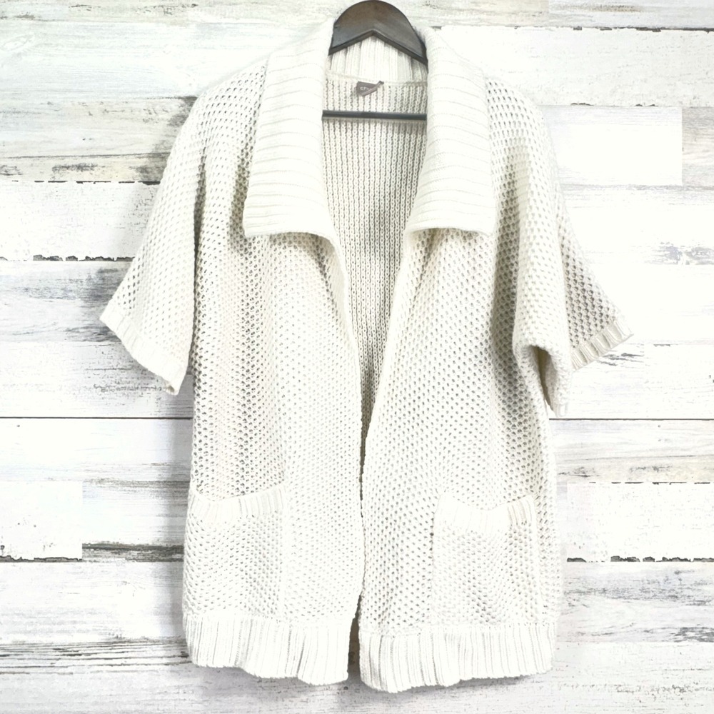 Chicos Cardigan Sweater Size 2/US 12 Short Sleeve Open Front Knit Sparkle Cream‎